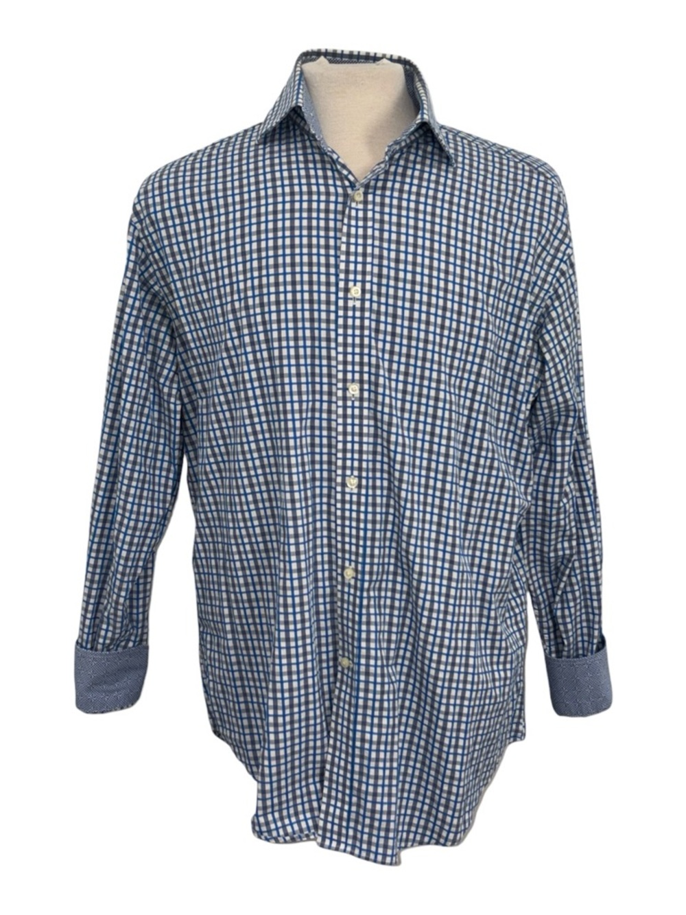 Neiman Marcus Shirt Men's Large Blue Plaid Check w/ Flip Cuff Button Down Cotton